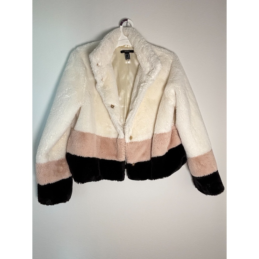 Forever 21 Faux Fur Jacket Womens Medium Multicolor Colorblock Lined Mock Neck‎
